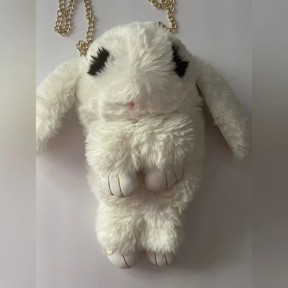 White and Gold Plush Bunny Keychain with Floppy Ears - Picture 2 of 5